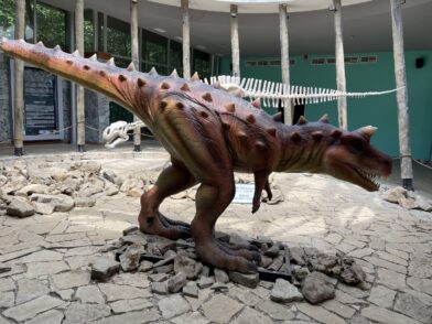Динозавр и его скелет в Сатаплии рядом с Кутаиси